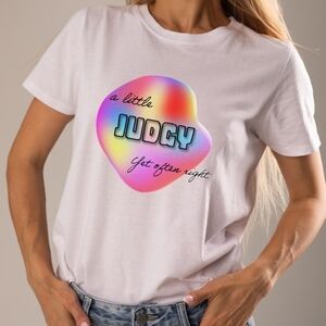 White Graphic Tee with Rainbow Design